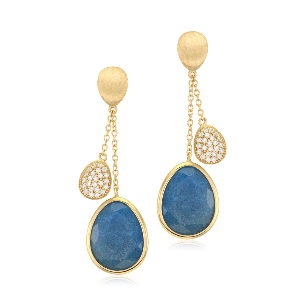 UNICORNJ 14K Yellow Gold Double Dangle Drop Teardrop Earrings with Opaque Blue or Pink Sapphire Faceted and Pave CZ Accent Italy