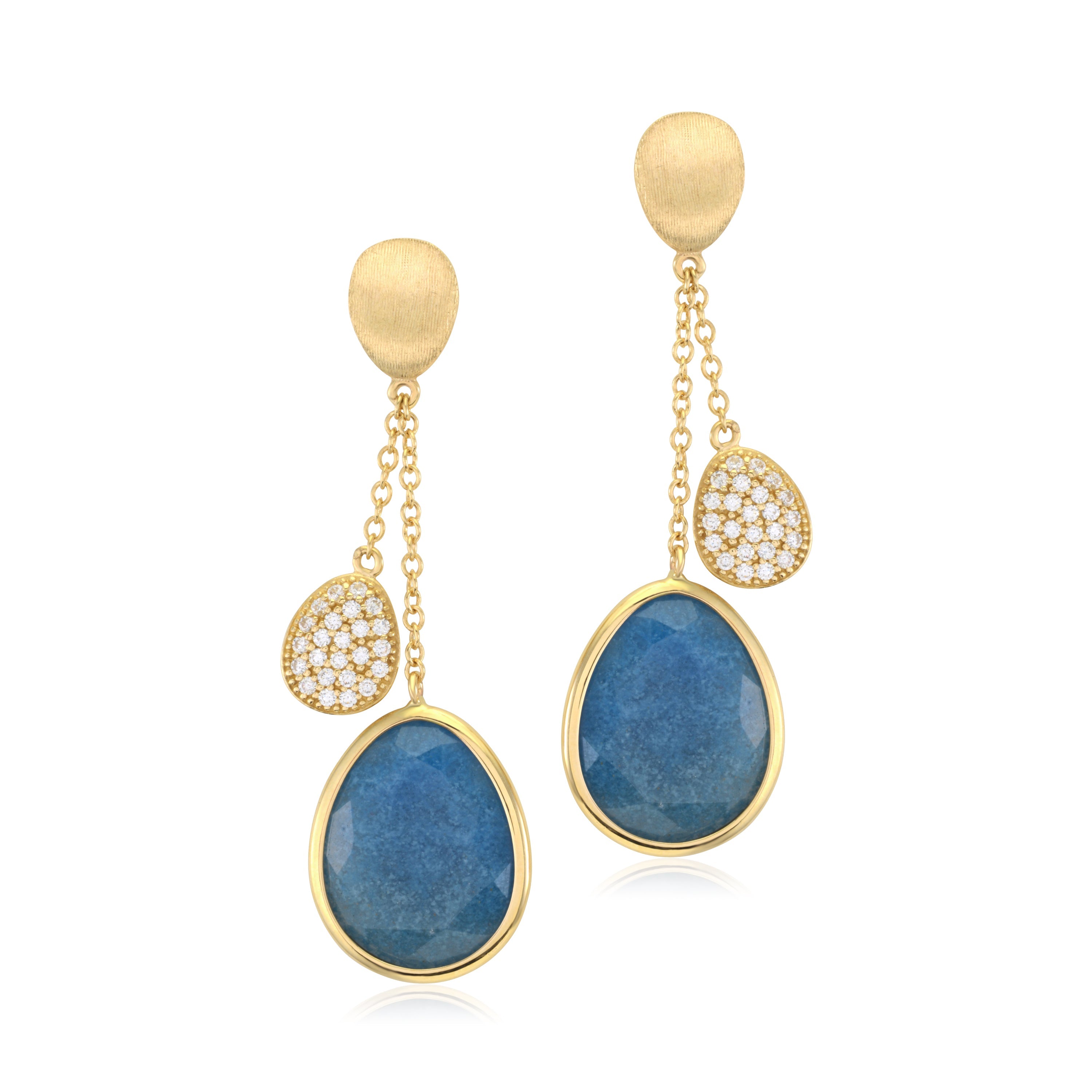 UNICORNJ 14K Yellow Gold Double Dangle Drop Teardrop Earrings with Opaque Blue or Pink Sapphire Faceted and Pave CZ Accent Italy