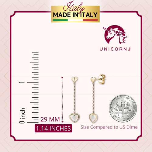 14K Yellow Gold Heart Earring Drop Dangle Mother of Pearl for Girls and Women Italy