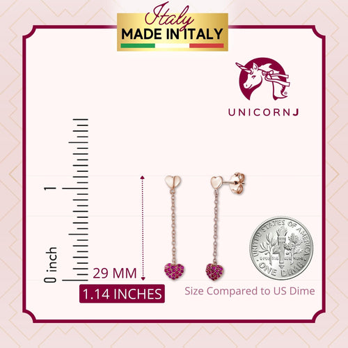 14K Yellow Gold Double Heart Earring Drop Dangle Simulated Ruby Red for Girls and Women Italy