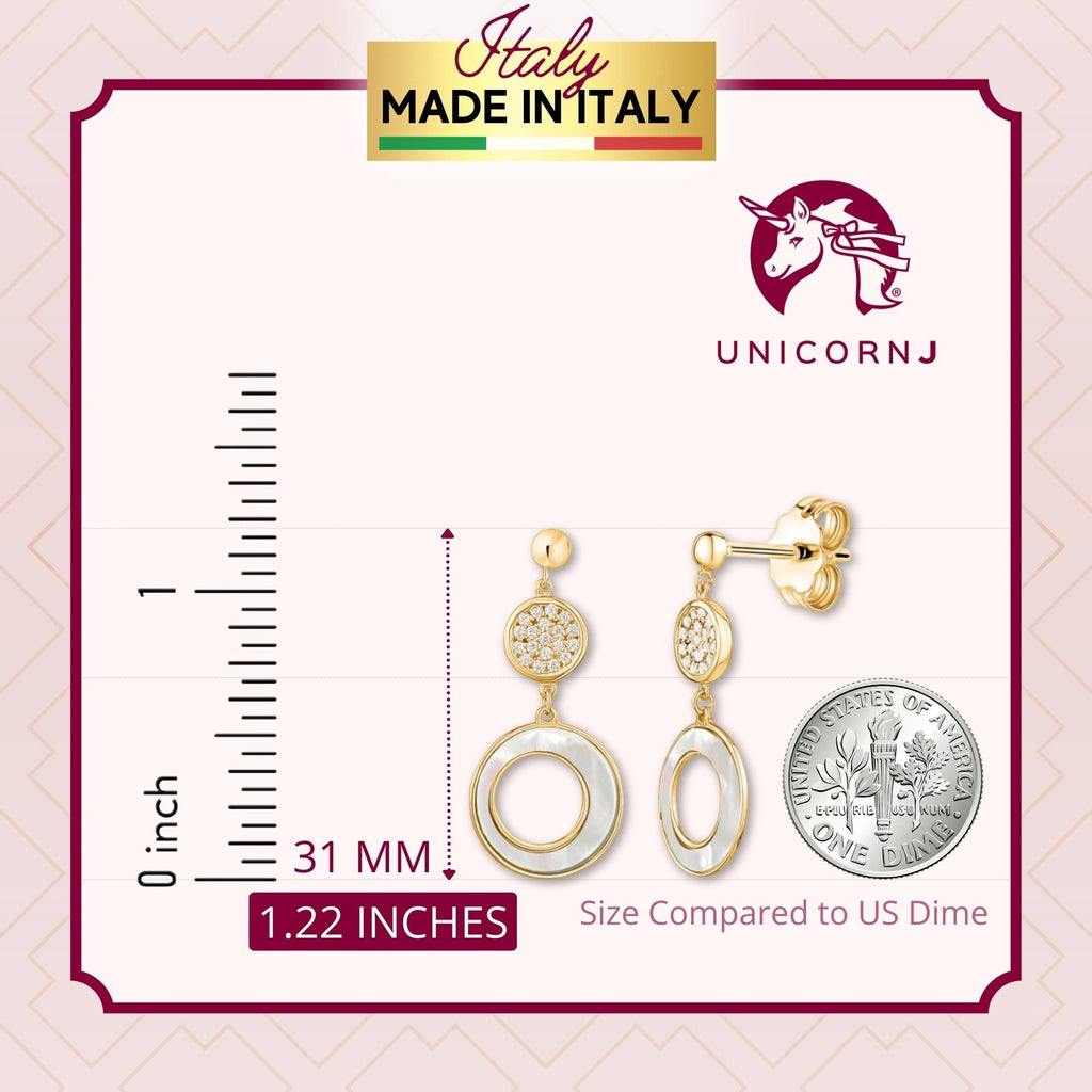 14K Yellow Gold Round Circle Disc Post Dangle Earrings with Mother of Pearl and Simulated Diamonds Italy