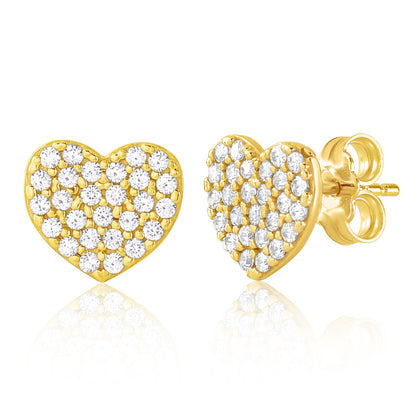 14K Yellow Gold White Gold and Red Heart Earrings Pave Simulated Diamonds