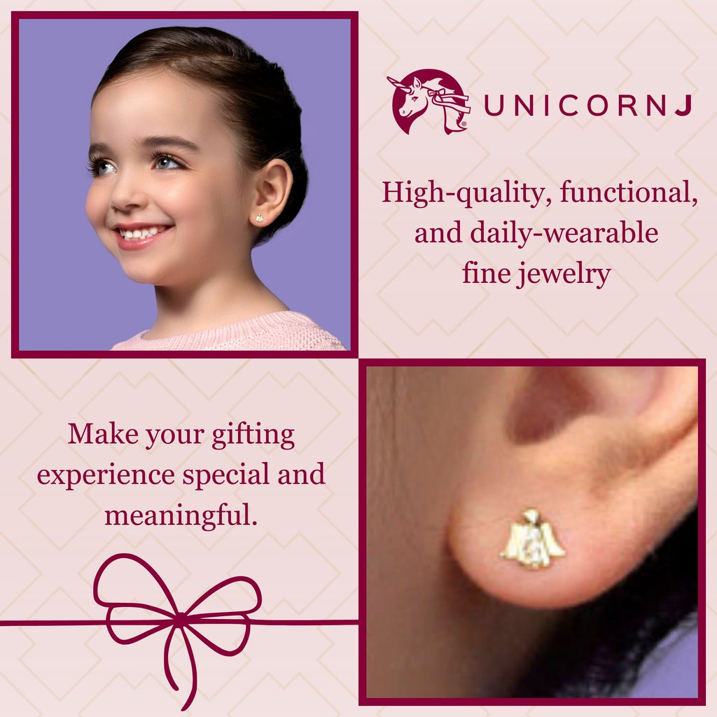 UNICORNJ 14K Yellow and White Gold Children's Kids Guardian Angel Post Earrings with CZ's Italy
