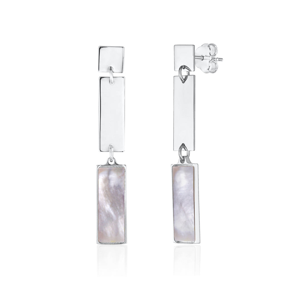 Sterling Silver Modern Double Rectangle Dangle Earrings with Mother of Pearl Inlay