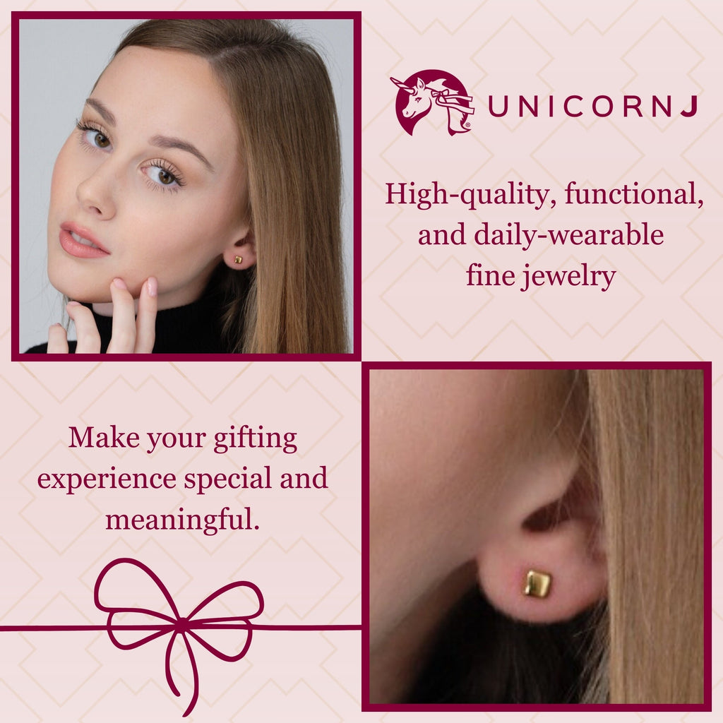 Rounded Square Stud Earrings 14K Yellow Gold Polished Shiny Italy UNICORNJ 5mm