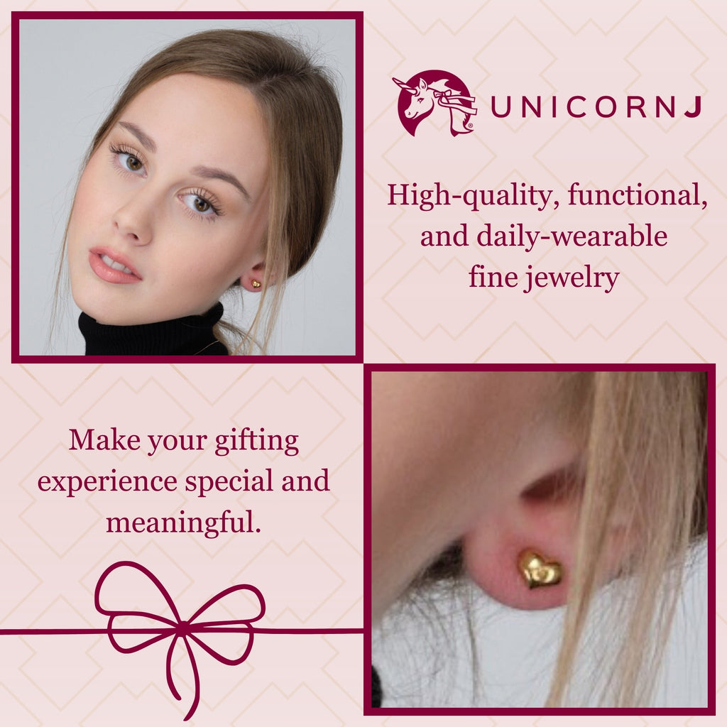 14K Yellow Gold Puff Heart Stud Earrings Polished Shiny Small Italy
