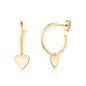 14K Yellow Gold Hoop Style Post Earrings with Heart Charm Dangle Polished Shiny Italy