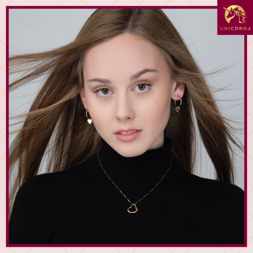14K Yellow Gold Hoop Style Post Earrings with Heart Charm Dangle Polished Shiny Italy