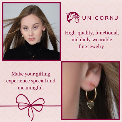 14K Yellow Gold Hoop Style Post Earrings with Heart Charm Dangle Polished Shiny Italy