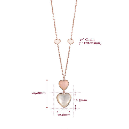 14K Rose Gold Pendant Necklace Double Heart Drop Heart Shape Cabochon Pink Opal and Mother of Pearl Italy 17"