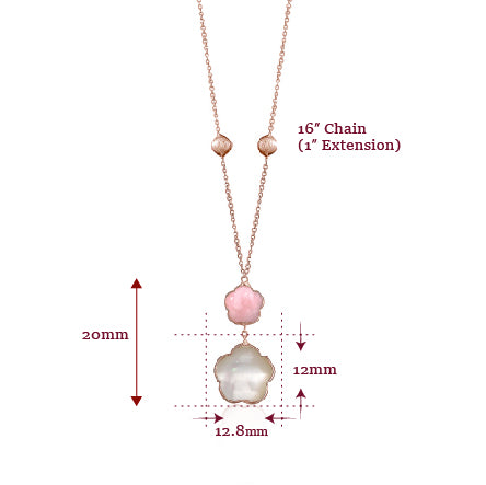 14K Rose Gold Pendant Necklace Double Flower Drop Flower Shape Cabochon Pink Opal and Mother of Pearl Italy 17"