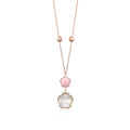 14K Rose Gold Pendant Necklace Double Flower Drop Flower Shape Cabochon Pink Opal and Mother of Pearl Italy 17"