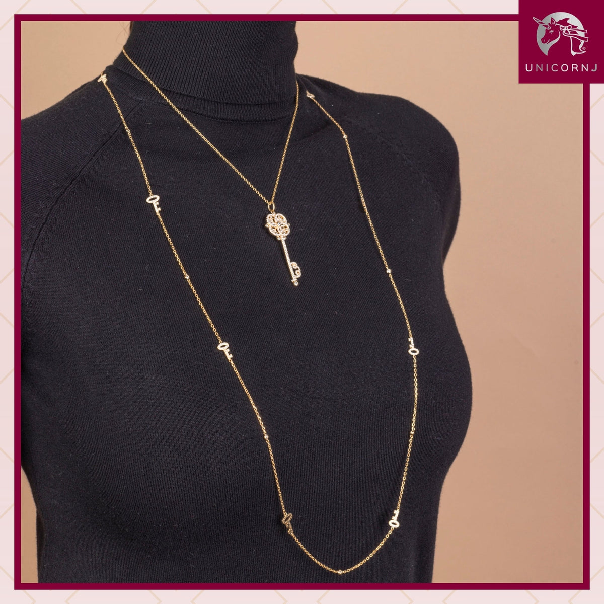 Very Long Necklace Pendant Sterling Silver 925 Gold Plated with Keys Simulated Diamonds 35"