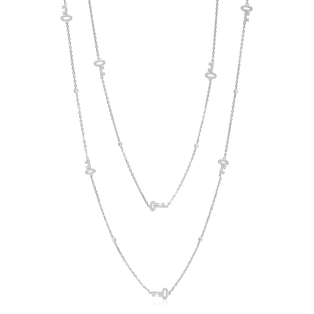 Very Long Necklace Pendant Sterling Silver 925 Gold Plated with Keys Simulated Diamonds 35"