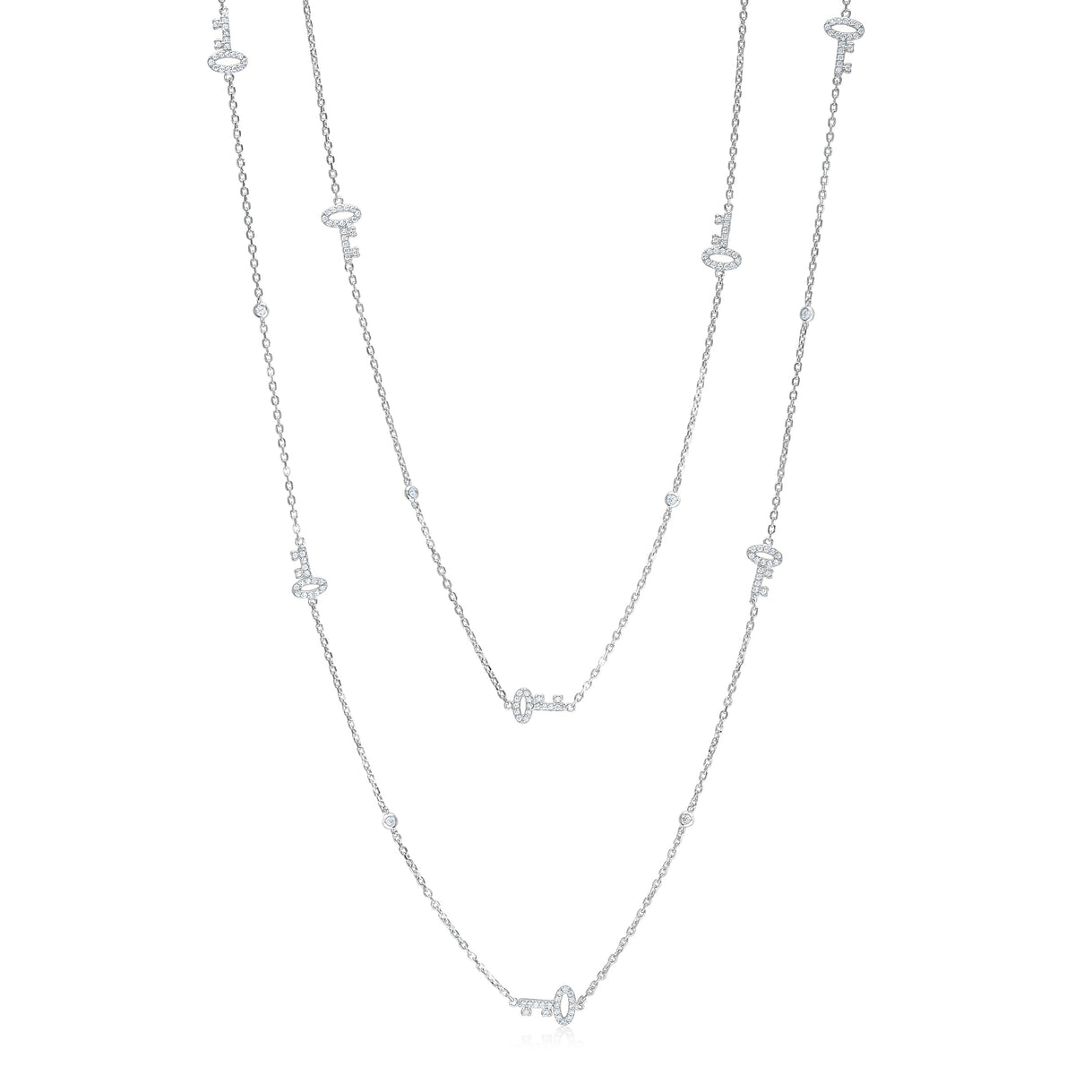 Very Long Necklace Pendant Sterling Silver 925 Gold Plated with Keys Simulated Diamonds 35"