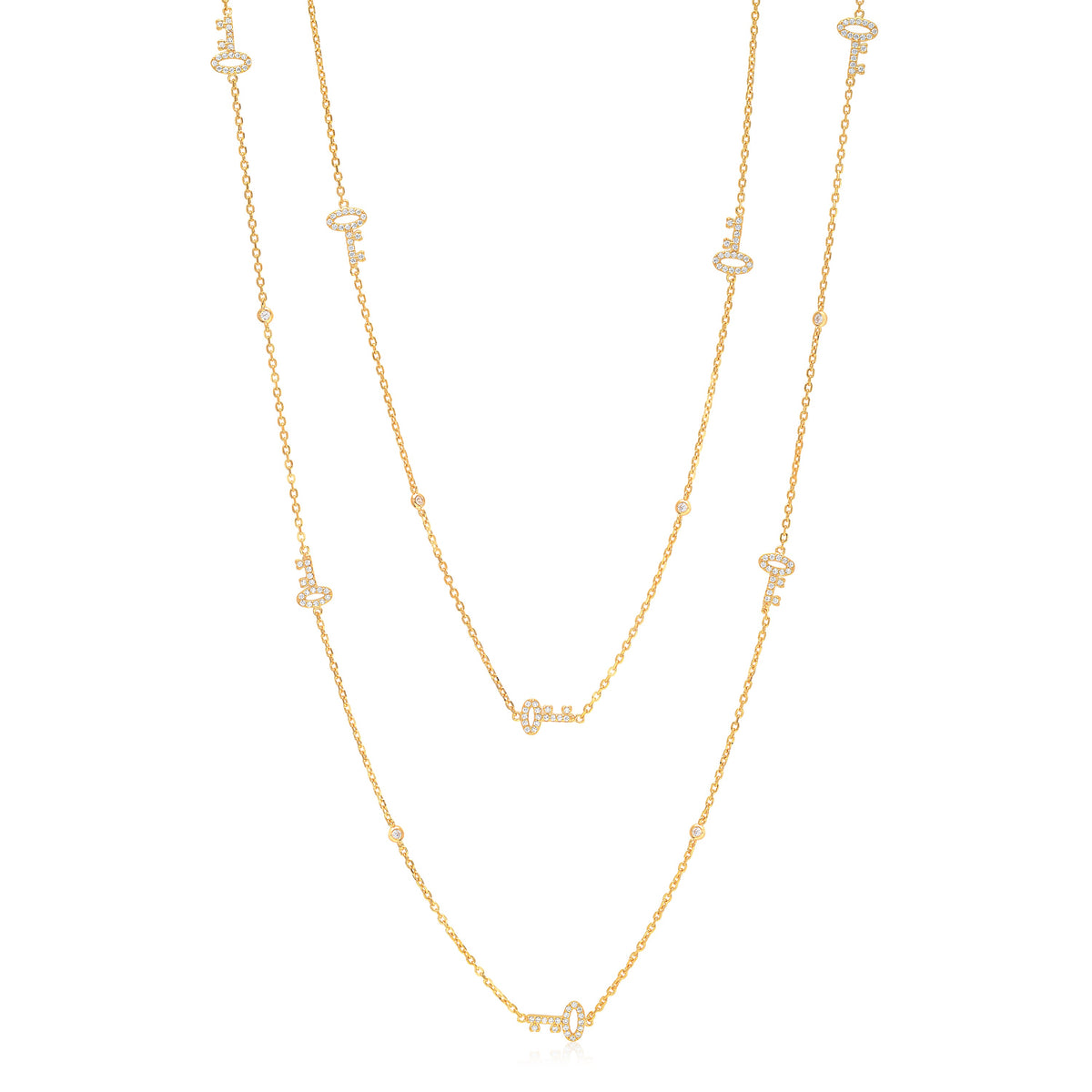 Very Long Necklace Pendant Sterling Silver 925 Gold Plated with Keys Simulated Diamonds 35"