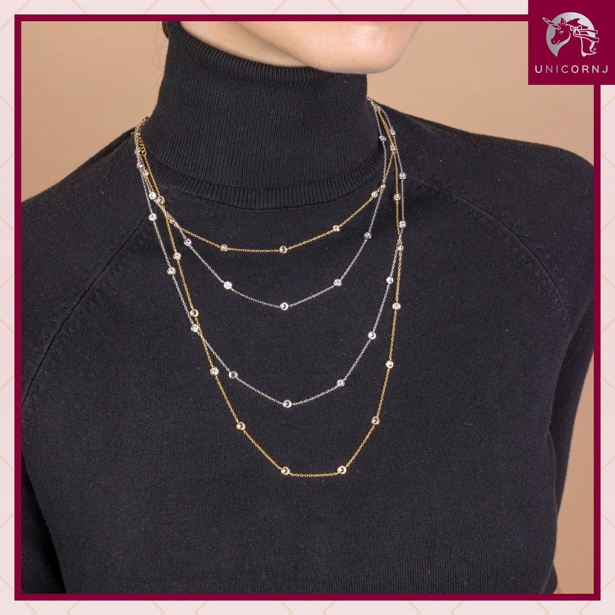 Very Long Station Necklace Pendant Sterling Silver 925 Yellow Gold Plated Simulated Diamonds Bezel 46"