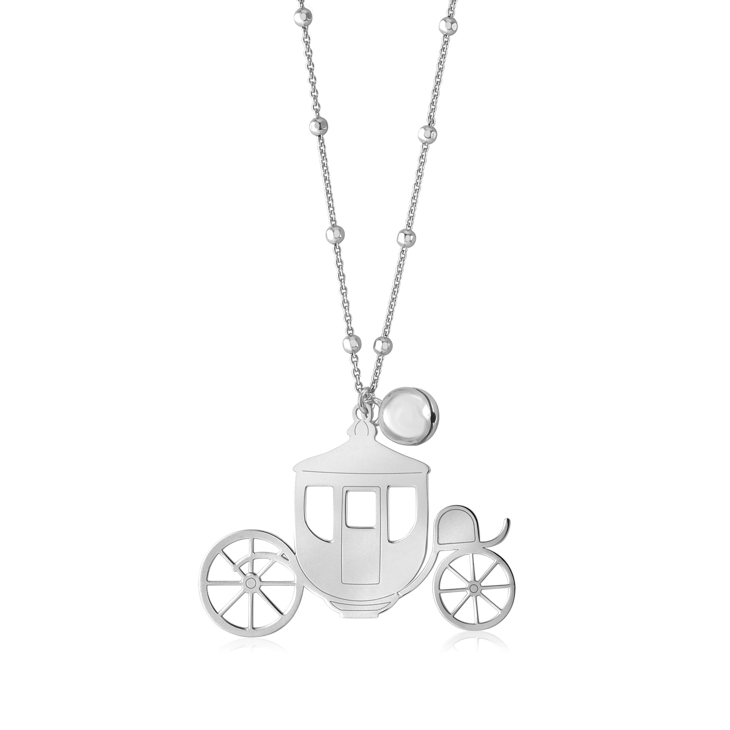 Sterling Silver High Polished Large Fantasy Carriage Coach Rose Gold Pendant Necklace Long Cable Chain 30"
