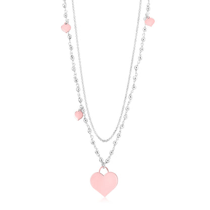 Sterling Silver Rose Gold Plated High Polished Heart Pendant Necklace Very Long Double Chain 36"