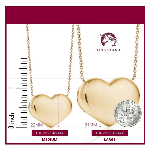 14K Yellow Gold Large or Medium Polished Shiny Puffy Heart on Strong  Rolo Chain 17" with 2" Extension to Accommodate 15"