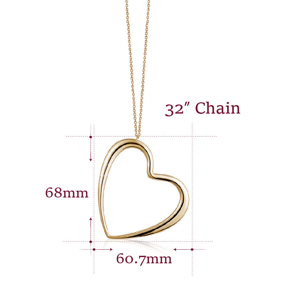 14K Yellow Gold Very Large Polished Shiny Modern Asymmetrical Heart on Long Strong  Rolo Chain 32"