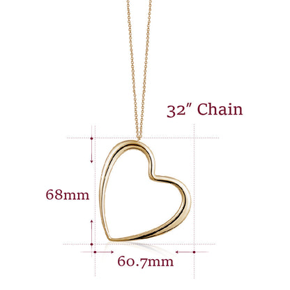 14K Yellow Gold Very Large Polished Shiny Modern Asymmetrical Heart on Long Strong  Rolo Chain 32"