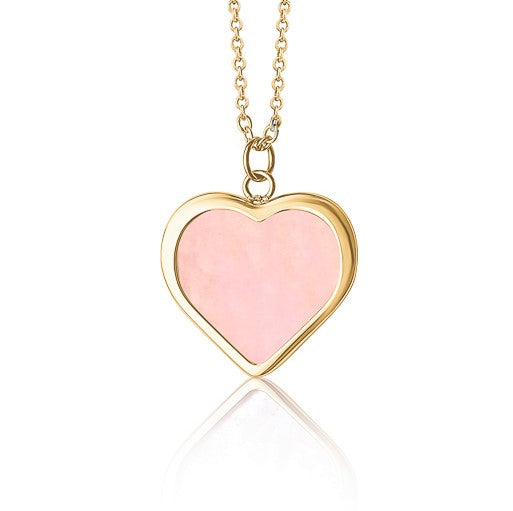 14K Yellow Gold Heart Necklace Pendant with Pink and White Mother of Pearl Reversable