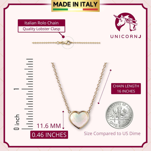 14K Yellow Gold Heart Pendant necklace Mother of Pearl or Pink for Girls and Women Italy 16 inches
