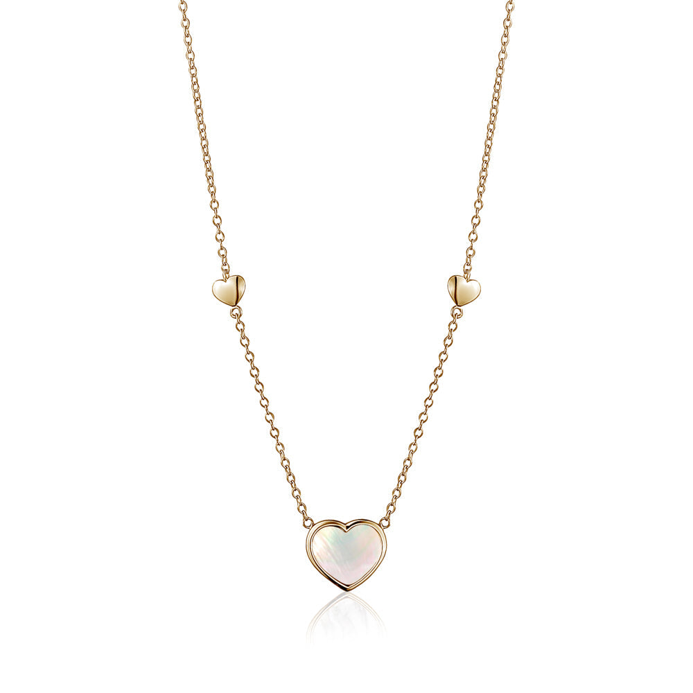 14K Yellow Gold Heart Pendant necklace Mother of Pearl or Pink for Girls and Women Italy 16 inches