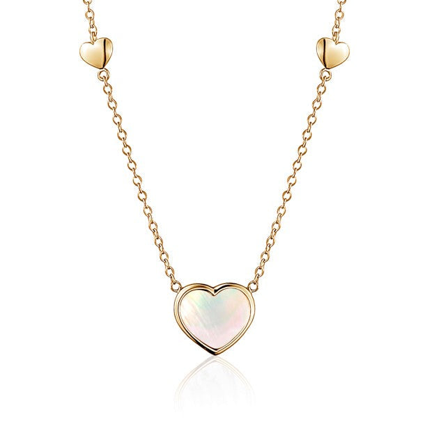 14K Yellow Gold Heart Pendant necklace Mother of Pearl or Pink for Girls and Women Italy 16 inches