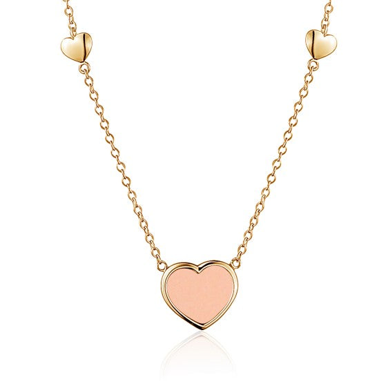 14K Yellow Gold Heart Pendant necklace Mother of Pearl or Pink for Girls and Women Italy 16 inches