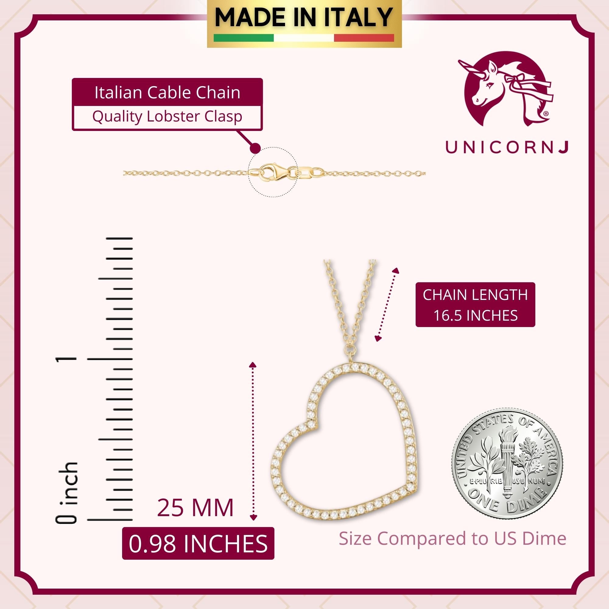 14K Yellow Gold Heart Pendant Necklace Sideways Outline with Simulated Diamonds Italy 16.5"