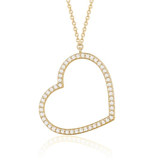 14K Yellow Gold Heart Pendant Necklace Sideways Outline with Simulated Diamonds Italy 16.5"