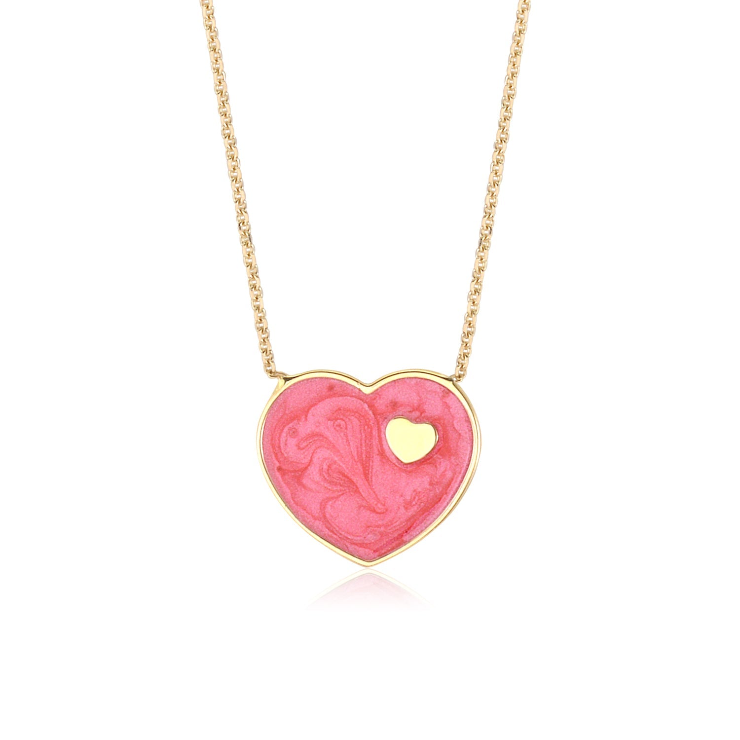14K Yellow Gold Dark Marbled Enamel Heart on Heart Pendant Necklace 16 Inches