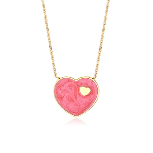 14K Yellow Gold Dark Marbled Enamel Heart on Heart Pendant Necklace 16 Inches