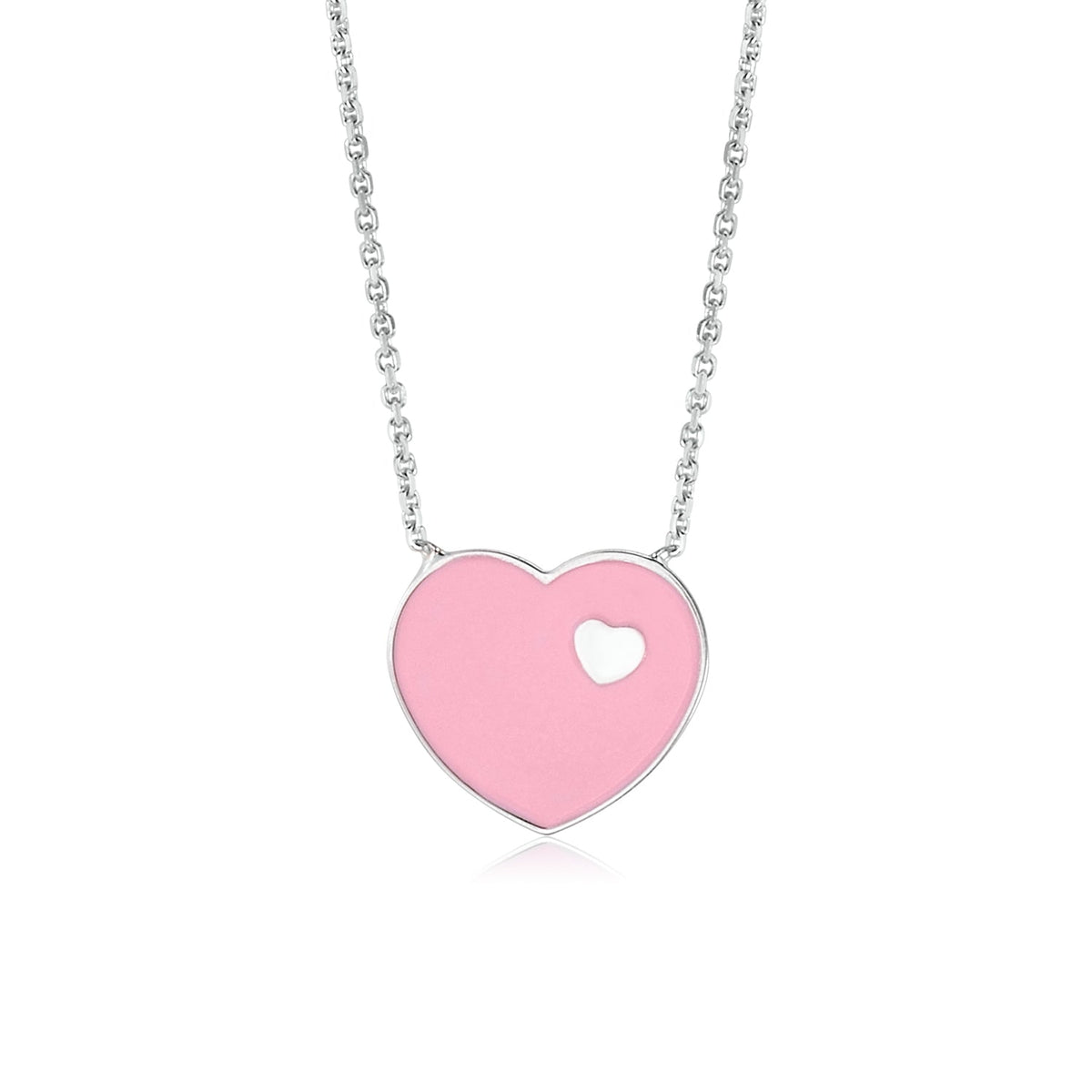 14K White Gold Pink Red or Turquoise Enamel Heart on Heart Pendant Necklace 16 Inches