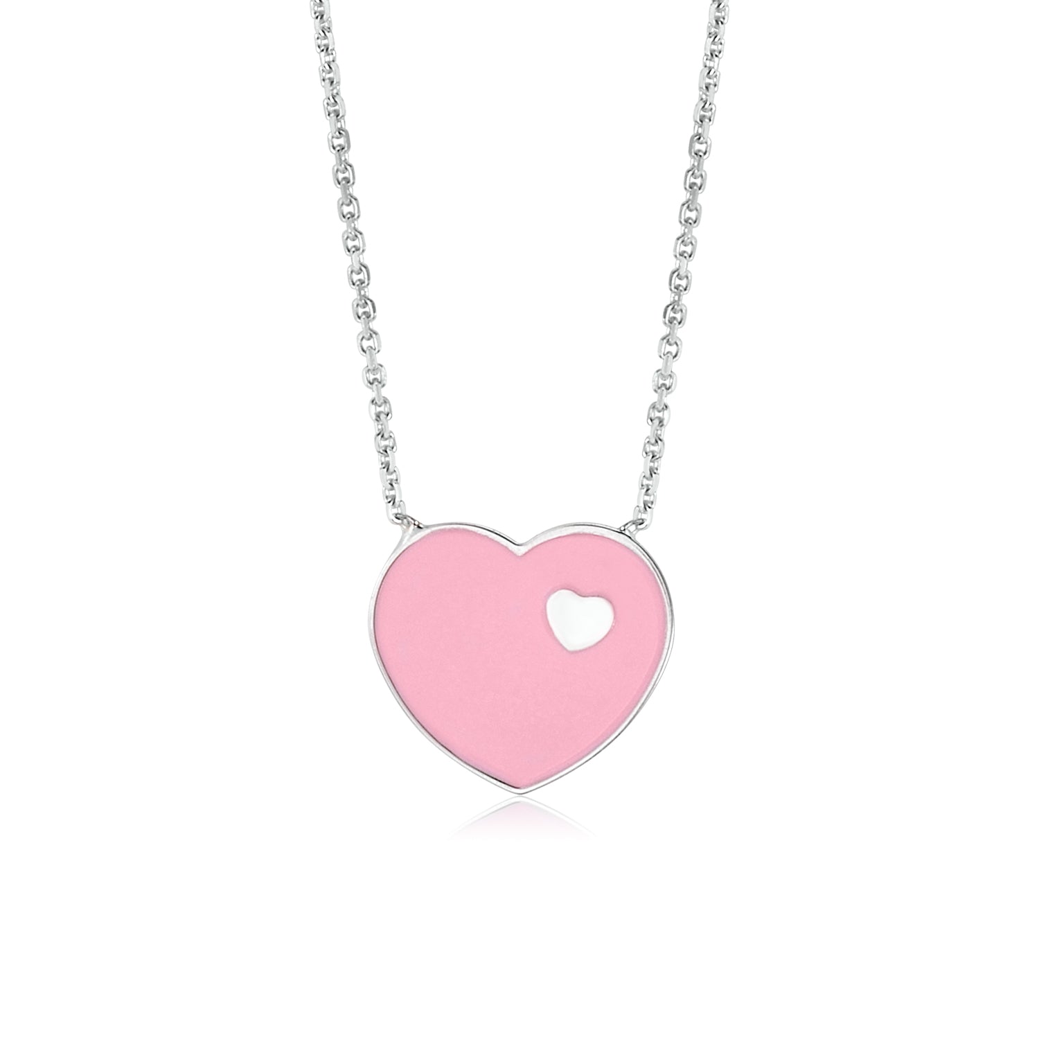 14K White Gold Pink Red or Turquoise Enamel Heart on Heart Pendant Necklace 16 Inches