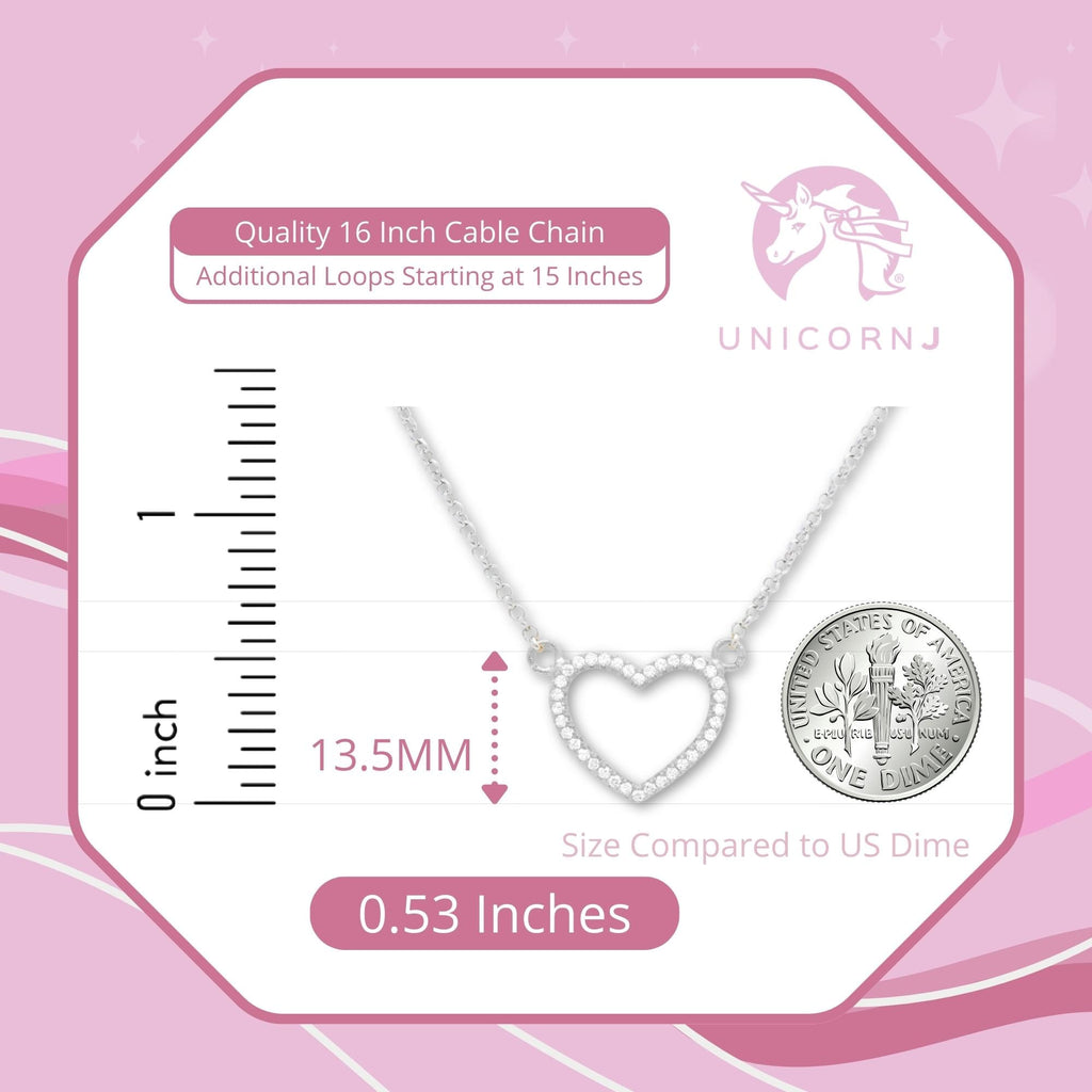 Sterling Silver 925 Open Heart Necklace Pendant Girls Teens Cubic Zirconia 15" Strong Rolo Chain ItalyÂ UnicornJ