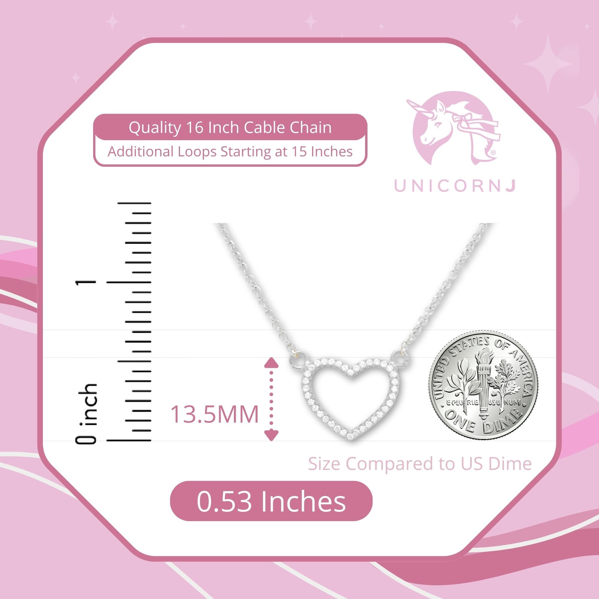 Sterling Silver 925 Open Heart Necklace Pendant Girls Teens Cubic Zirconia 15" Strong Rolo Chain ItalyÂ UnicornJ