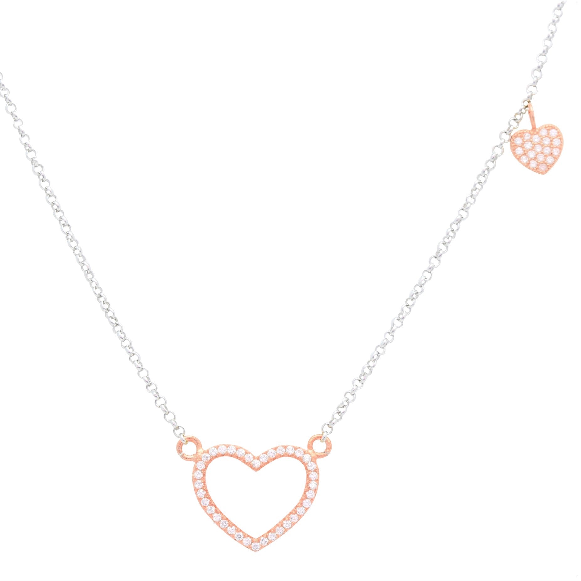 Sterling Silver 925 Open Heart Necklace Pendant Girls Teens Cubic Zirconia 15" Strong Rolo Chain ItalyÂ UnicornJ