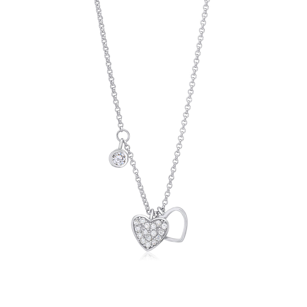 UNICORNJ Sterling Silver 925 Heart Charm Pendant Necklace with Pavé Cubic Zirconia on Rolo Chain