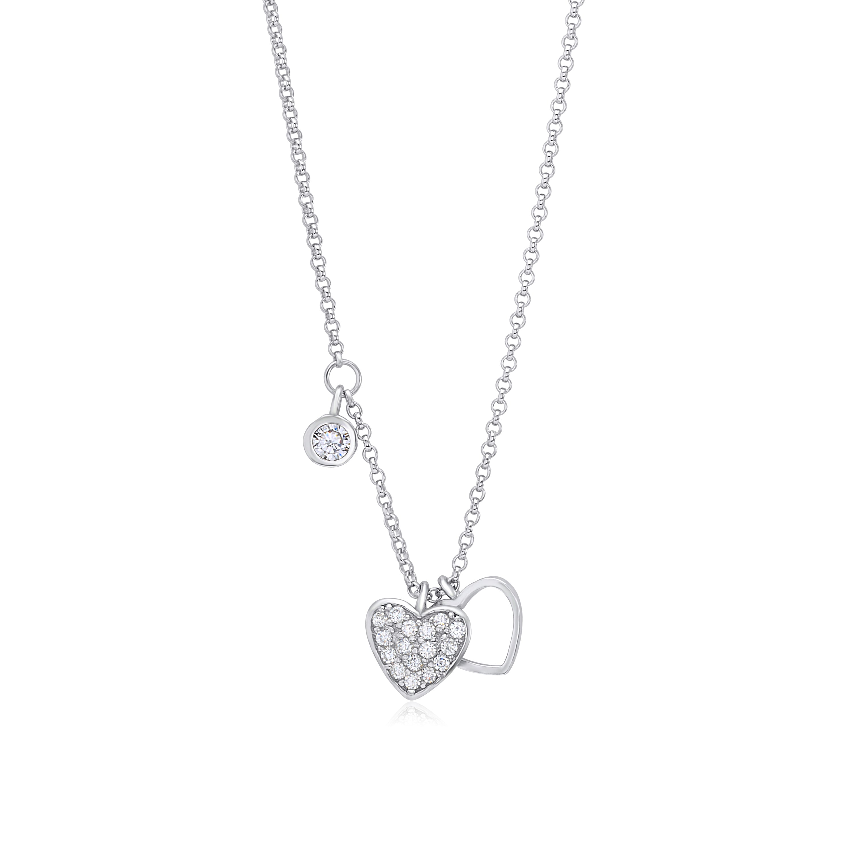 UNICORNJ Sterling Silver 925 Heart Charm Pendant Necklace with Pavé Cubic Zirconia on Rolo Chain