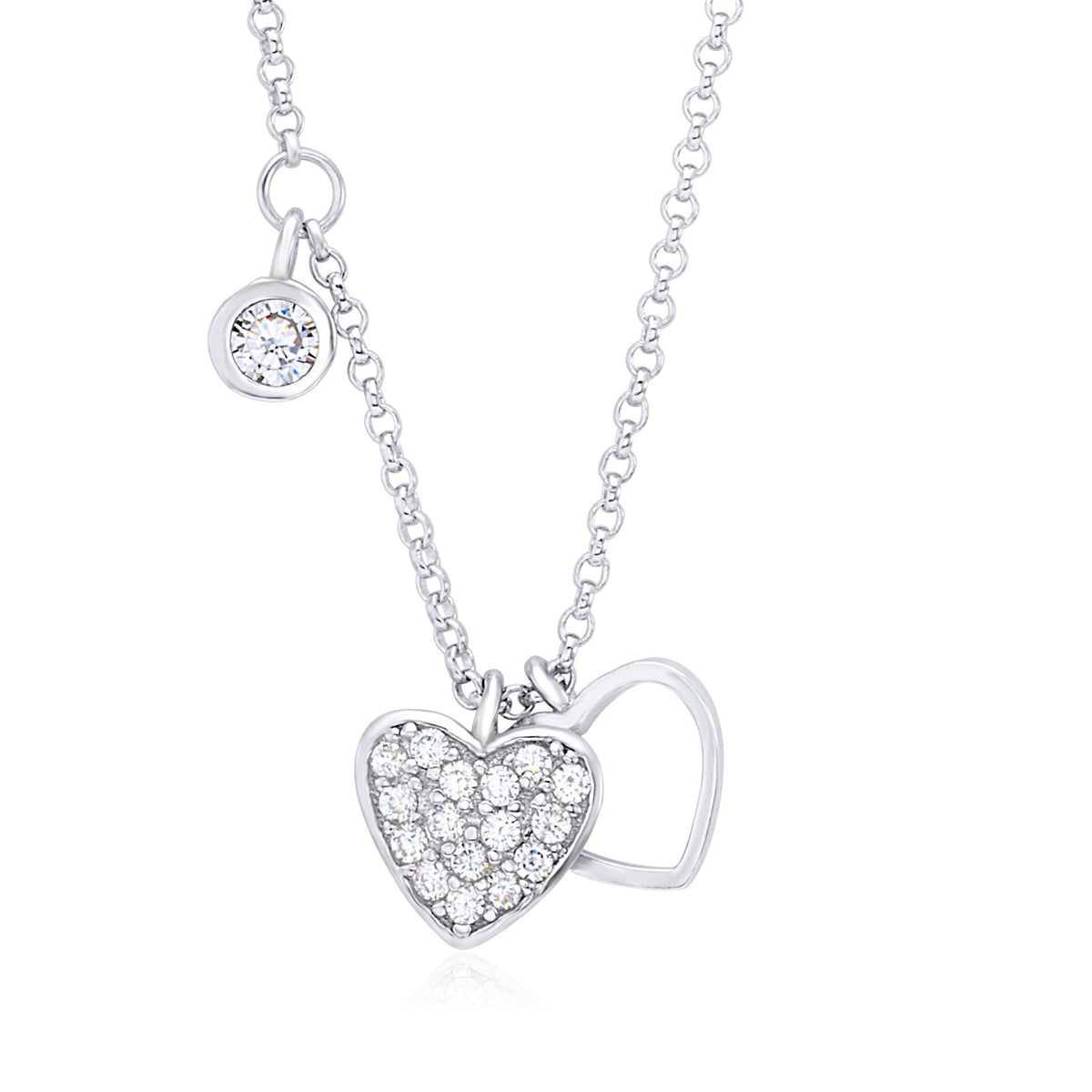 UNICORNJ Sterling Silver 925 Heart Charm Pendant Necklace with Pavé Cubic Zirconia on Rolo Chain