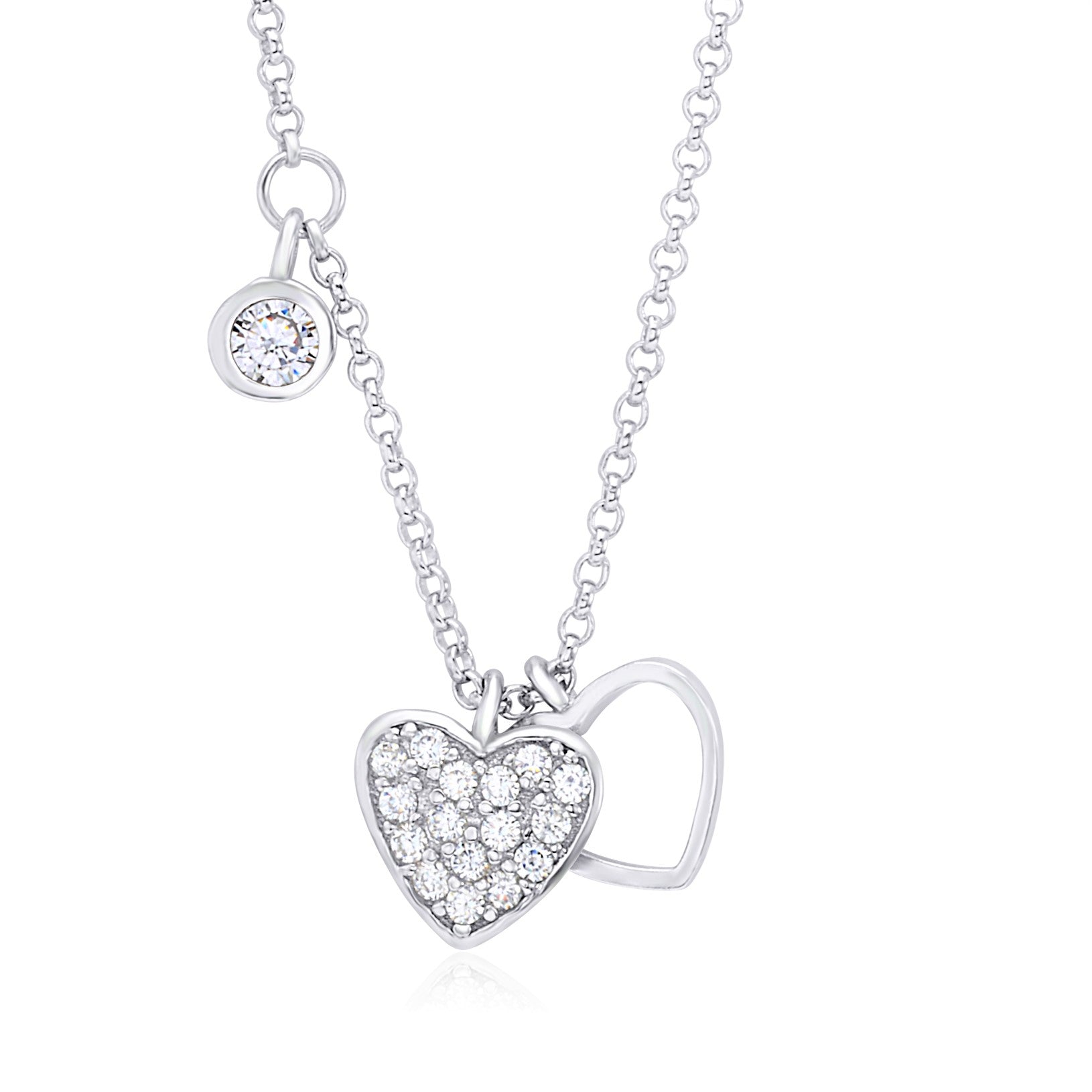 UNICORNJ Sterling Silver 925 Heart Charm Pendant Necklace with Pavé Cubic Zirconia on Rolo Chain