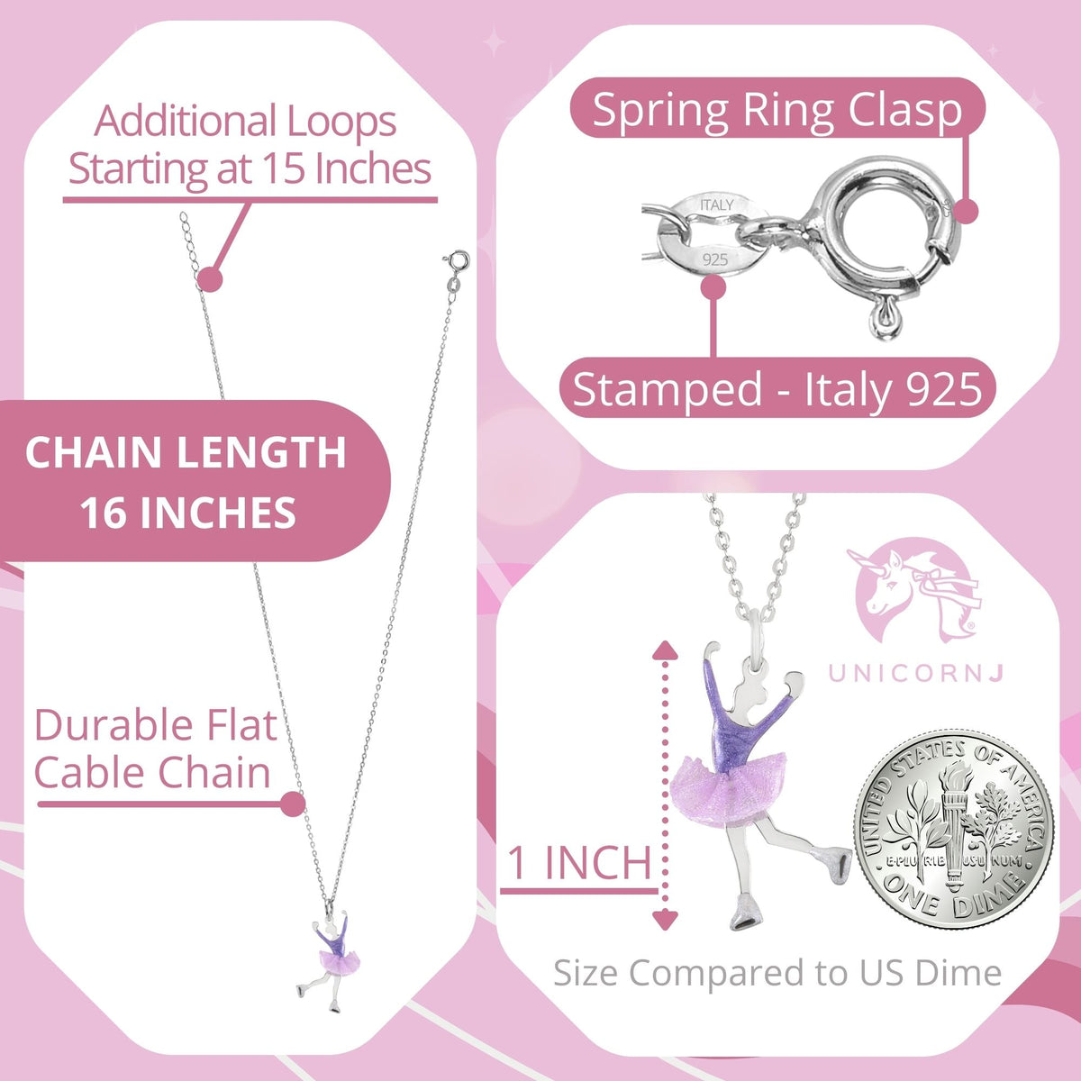 UNICORNJ Childrens Sterling Silver Girl Dancer Skater Necklace Pendant with Enamel 16"