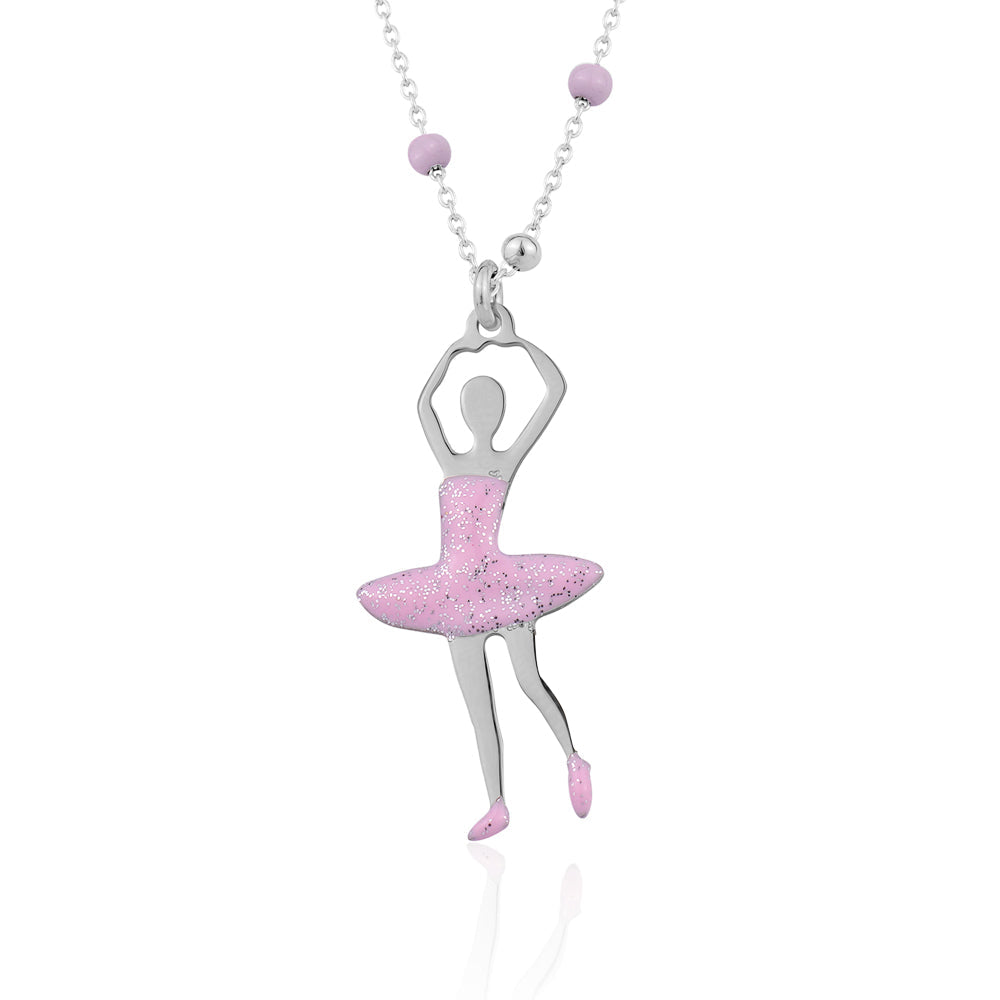 UNICORNJ Sterling Silver Ballerina Ballet Dancer Necklace for Girls Dance Recital with Enamel on Beaded Chain 15.5"