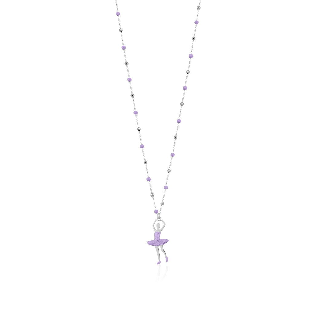 UNICORNJ Sterling Silver Ballerina Ballet Dancer Necklace for Girls Dance Recital with Enamel on Beaded Chain 15.5"