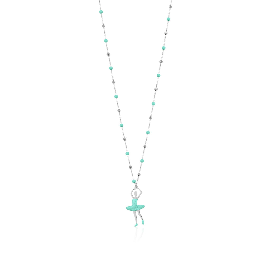 UNICORNJ Sterling Silver Ballerina Ballet Dancer Necklace for Girls Dance Recital with Enamel on Beaded Chain 15.5"