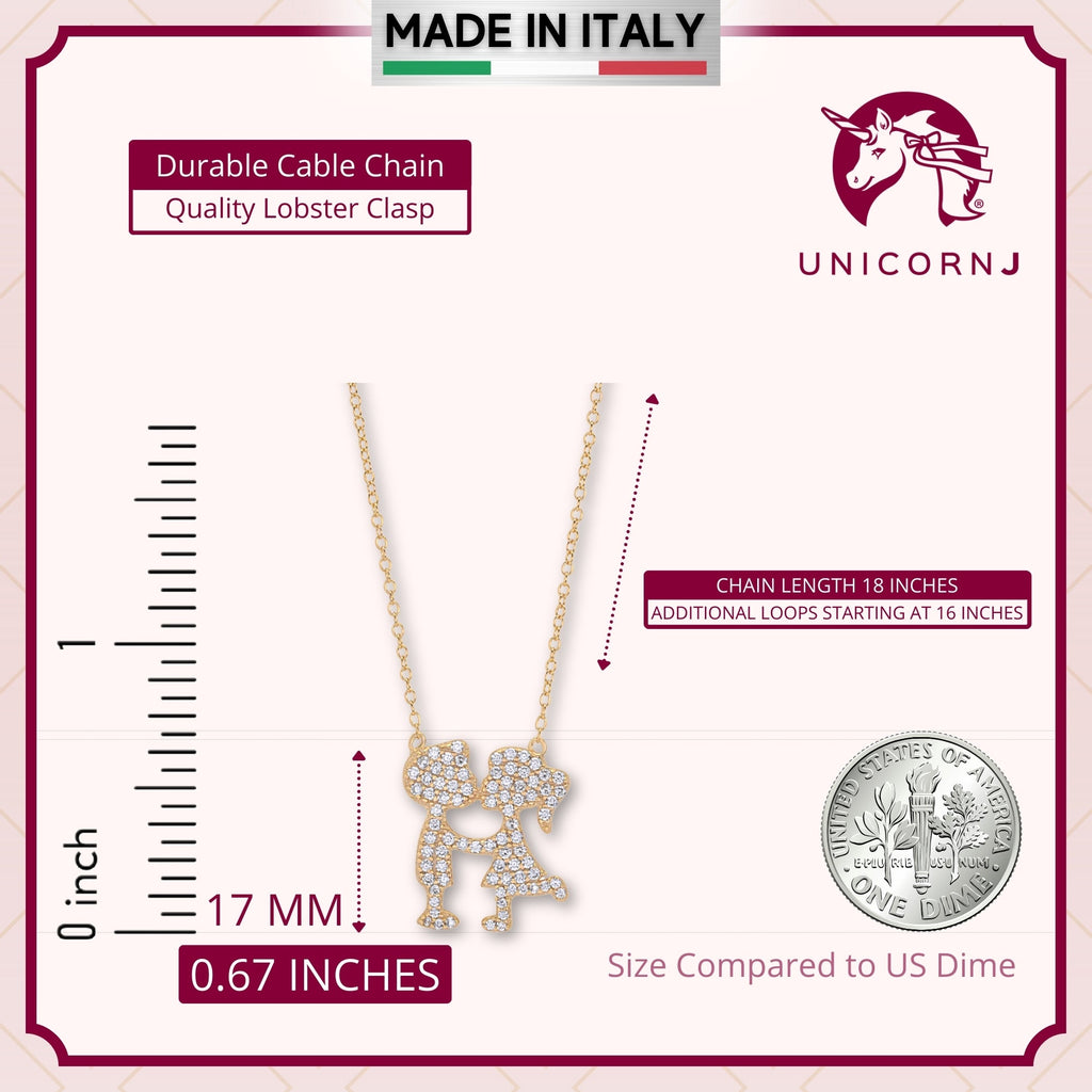 UNICORNJ Sterling Silver 925 Pave CZ Girl Boy Kissing Silhouette Pendant Yellow Gold Plated  18" Italy
