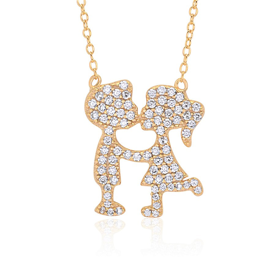 UNICORNJ Sterling Silver 925 Pave CZ Girl Boy Kissing Silhouette Pendant Yellow Gold Plated  18" Italy
